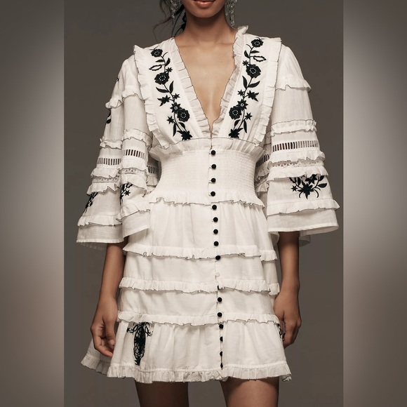NWT By Anthropologie Embroidered V-Neck Ruffled Mini Dress - Picture 2 of 8